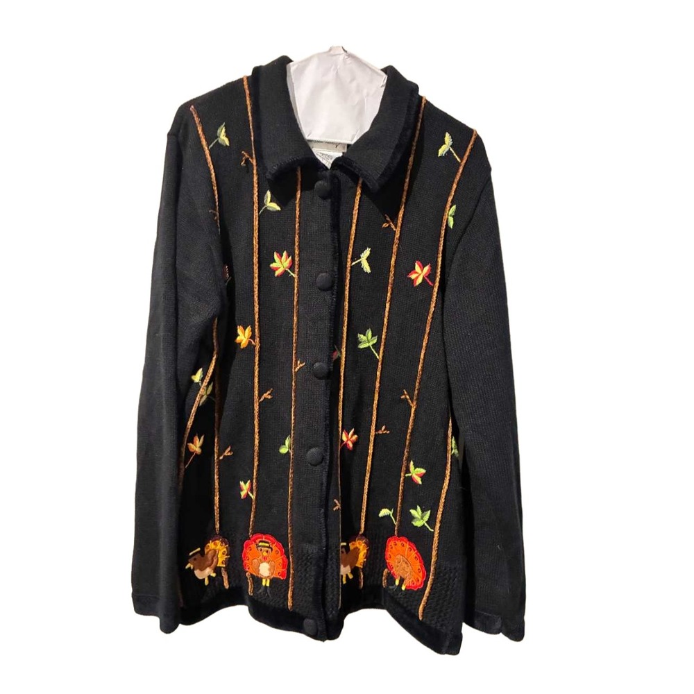 Quacker Factory Thanksgiving Turkey Embroidered Cardigan Sweater‎ Black Medium